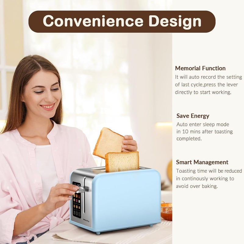 Mecity 2 Slice Touch Screen Toaster, 1.5" Wide Slot, Stainless Steel Smart Toaster for Bagels, Muffins, Waffles, Gluten-Free Breads, Defrost, Reheat, Timer, 120V 825W, Ice Blue - Image 5